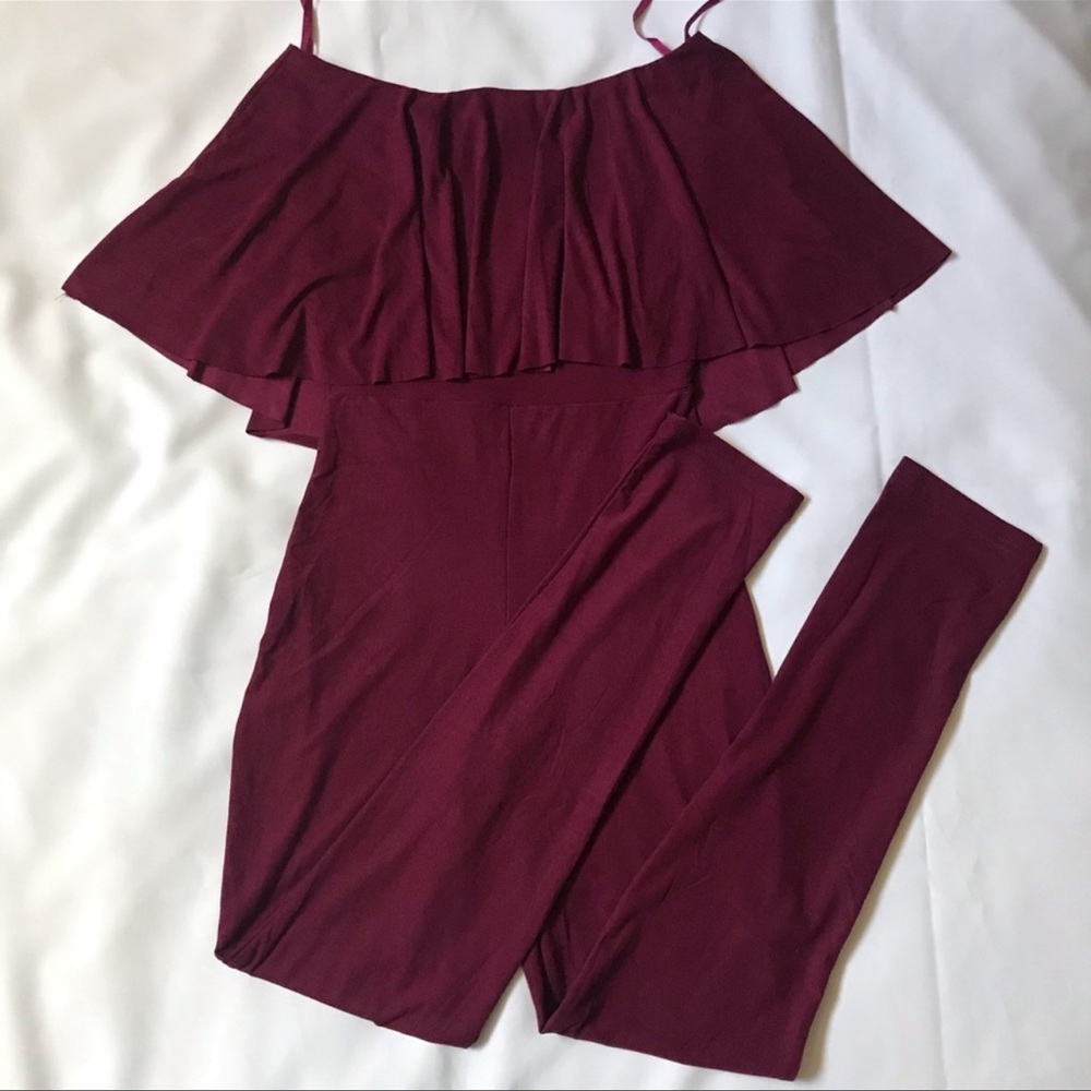 Forever 21 Burgundy Ruffled Off Shoulder Jumpsuit
